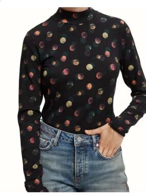 Scotch & Soda Black Mock Neck Long Sleeve Top with Multicolor Dot Motif